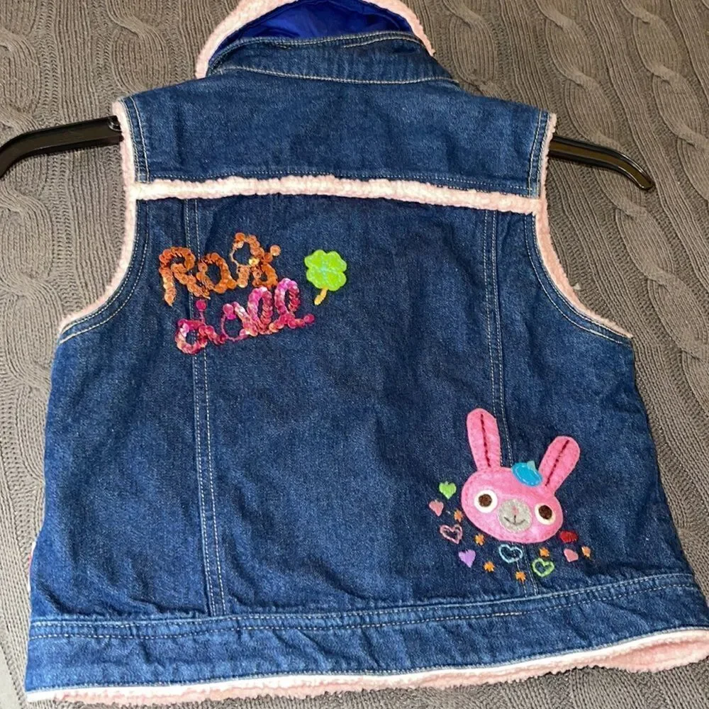 Vintage Mini K Girls Sherpa snap button Patchwork  Embroidered denim vest Size 7